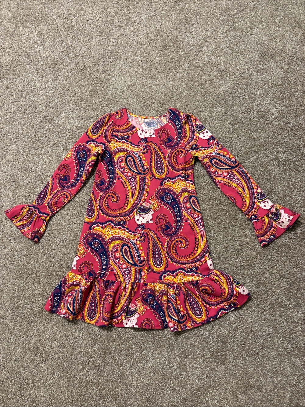Lands End Long Sleeve Paisley Ruffle Hem Girls Dress Size Small 7/8 Fall